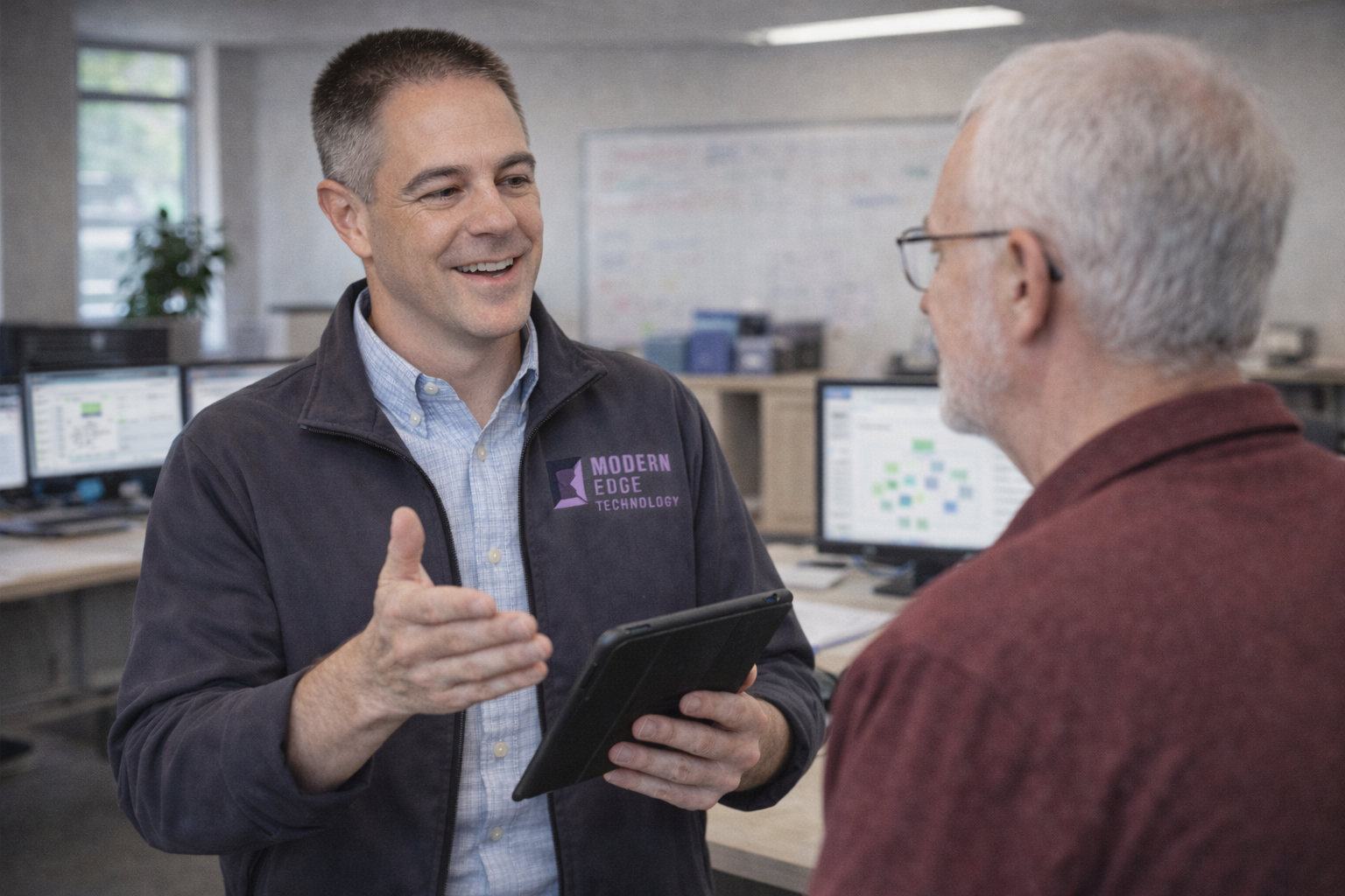Mark consulting with a client in the office