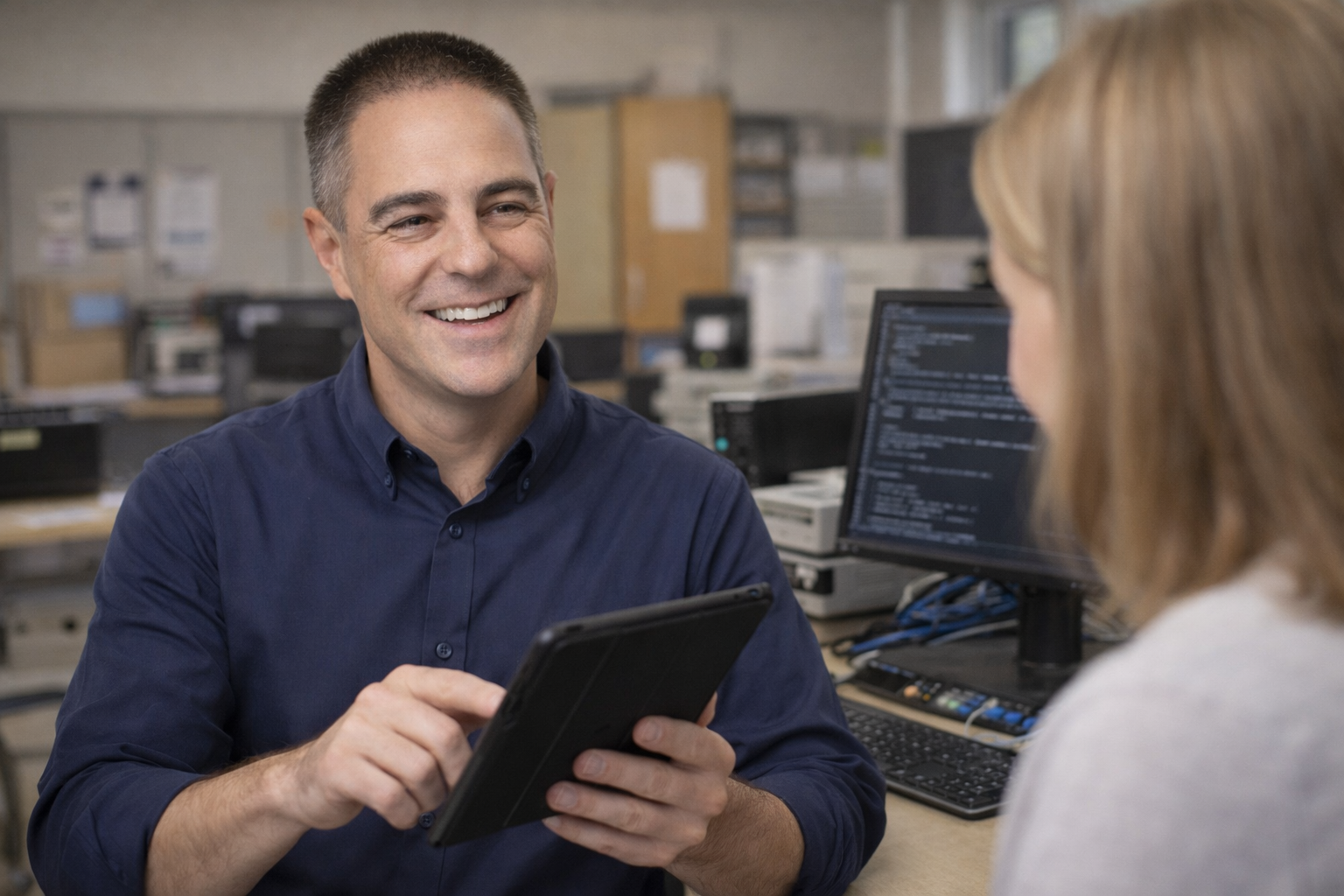 Mark consulting with a client about their IT infrastructure